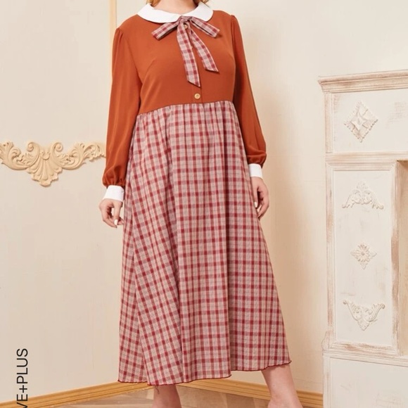 PussyBow Burnt Orange and Plaid Maxi Dress Sz 2x - Picture 8 of 11